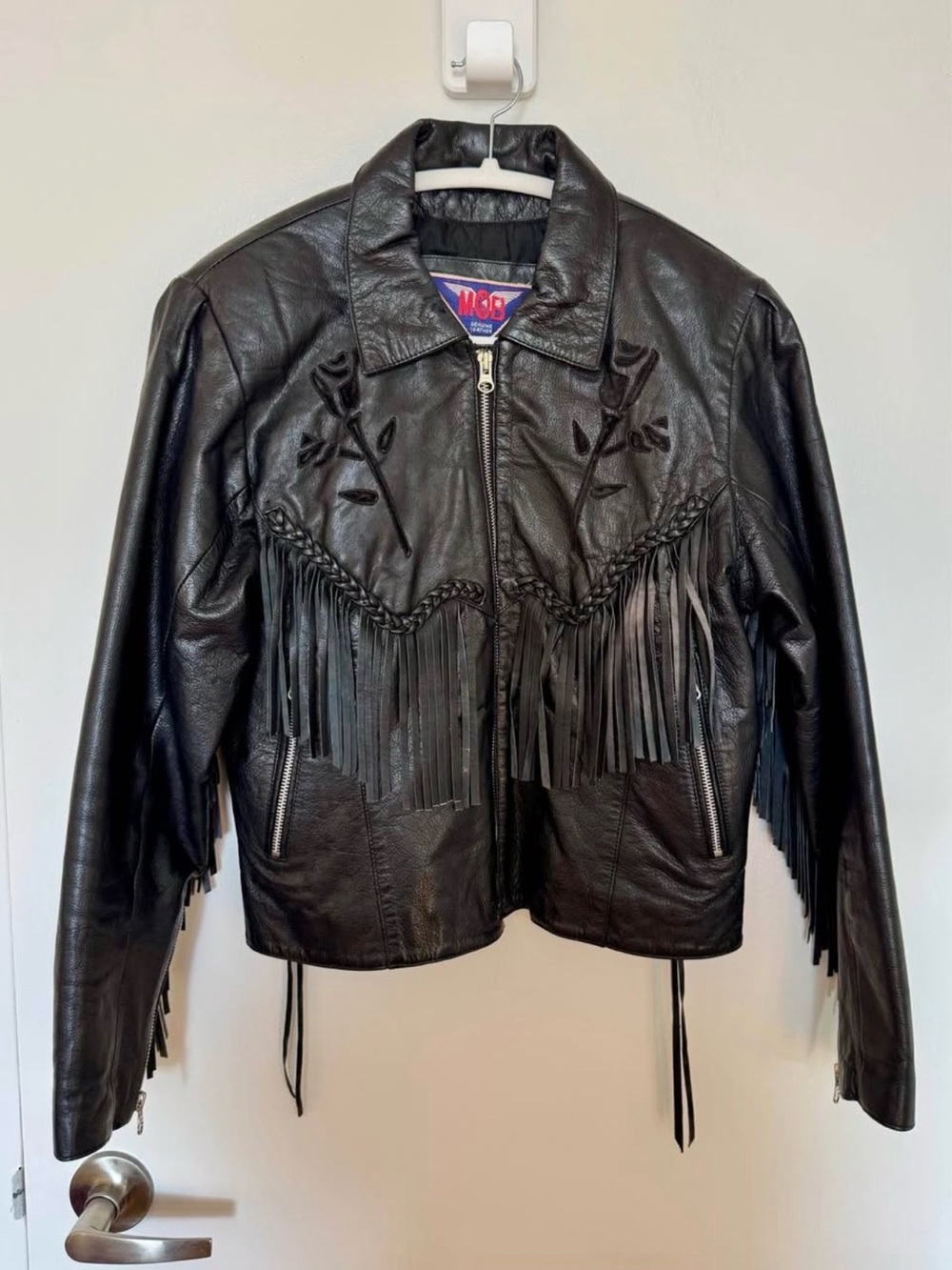 1980s–1990s MOB Genuine Leather Jacket – Black Fringe Western Style - Small